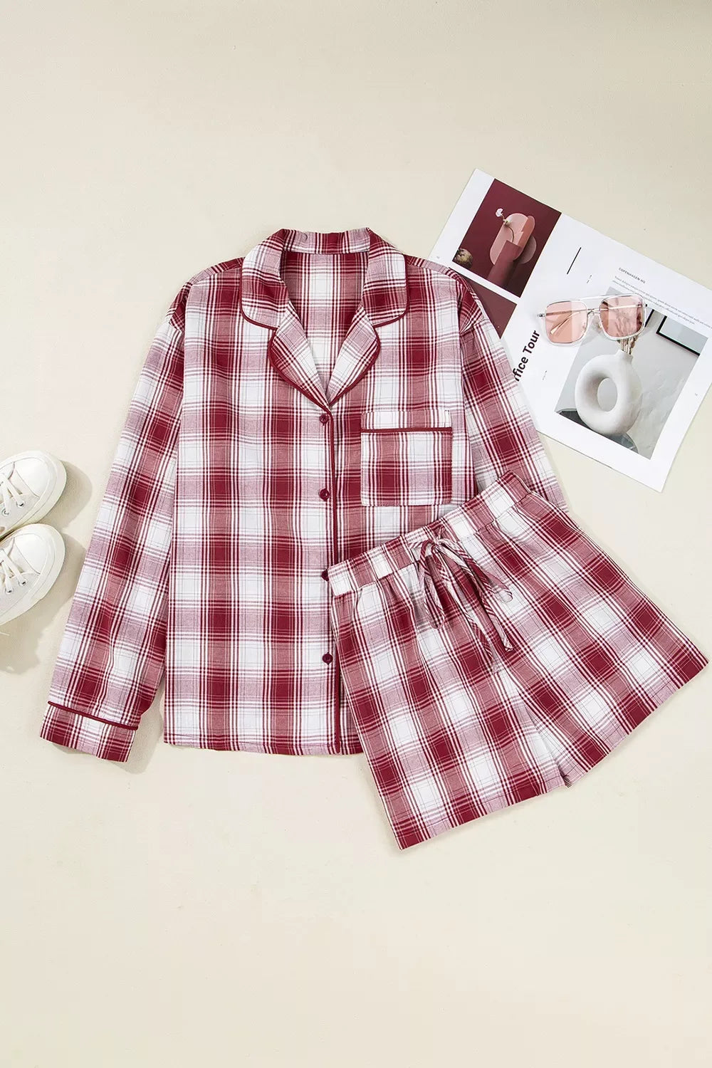 Plaid Long Sleeve Shirt and Drawstring Shorts Lounge Set - Makw Official Site