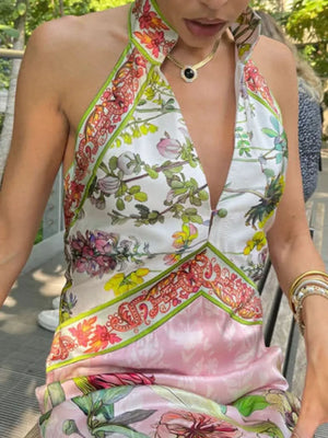 Printed Halter Neck Backless Maxi Dress - Makw Official Site