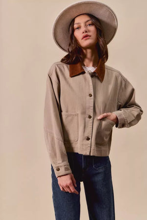 SO ME Cotton Twill Cropped Barn Jacket wtih Collar - Makw Official Site