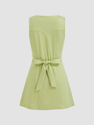Gingham Button-Front A-Line Mini Dress - Makw Official Site