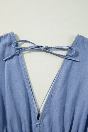 Tied Plunge Three-Quarter Sleeve Denim Dress - Makw Official Site