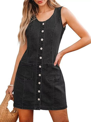 Button-Front Sleeveless Denim Dress - Makw Official Site