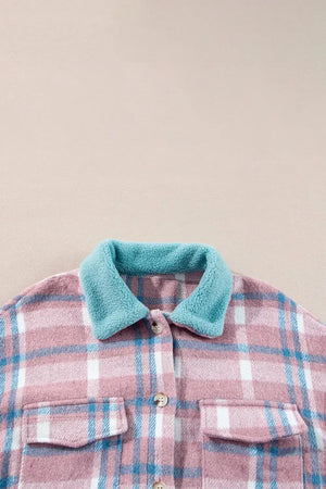 Plaid Collared Neck Flap Pockets Shacket - Makw Official Site