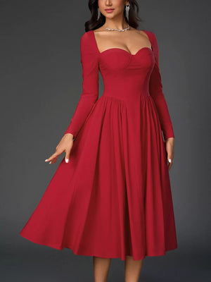 Sweetheart Neckline Long Sleeve A-Line Midi Dress - Makw Official Site