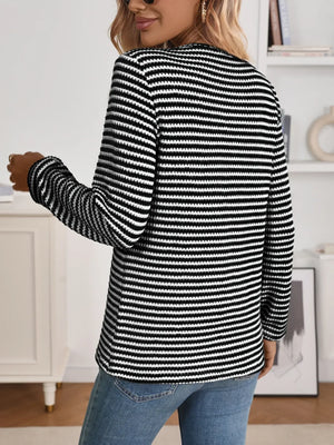 Striped Button Detail Long Sleeve Top - Makw Official Site