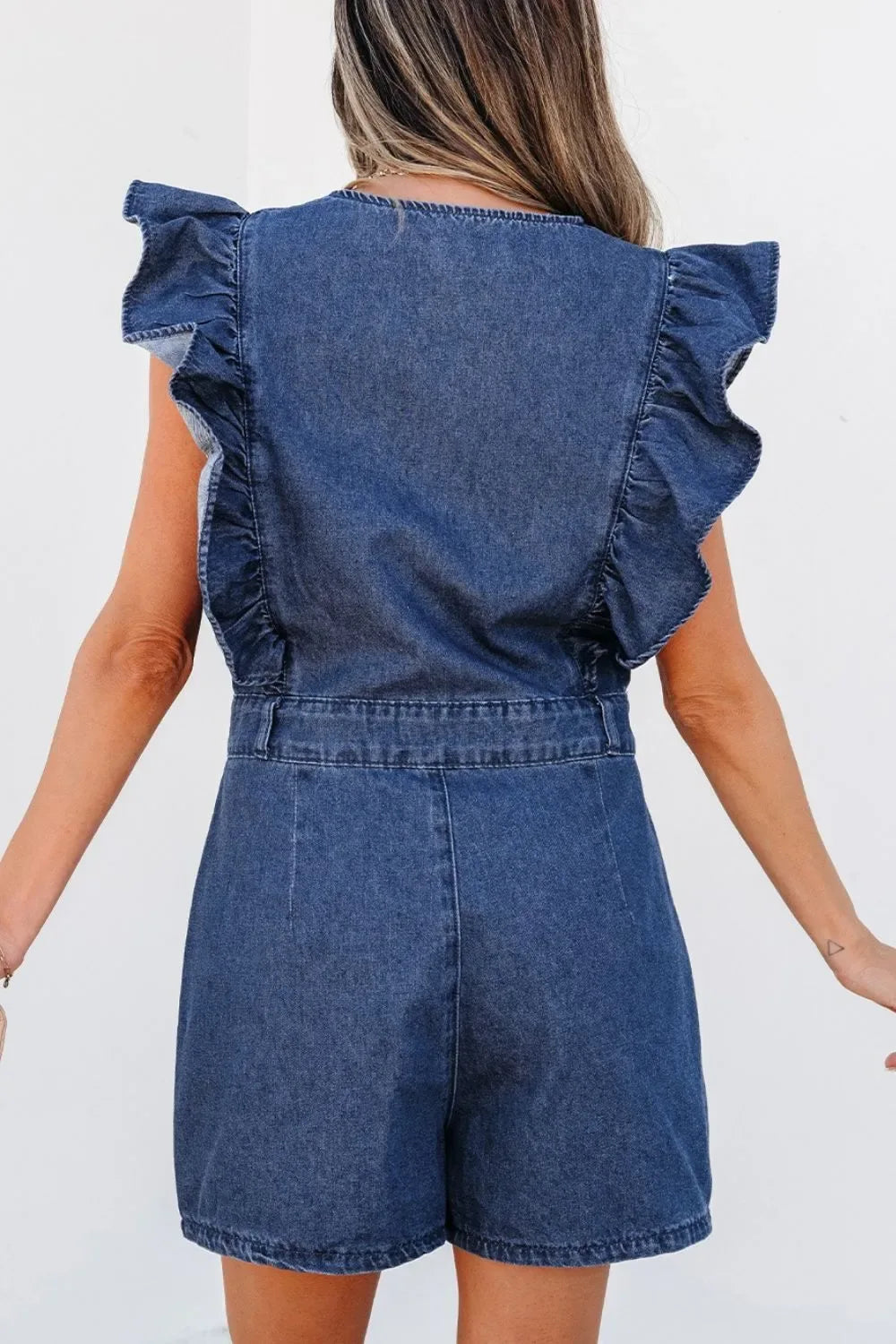 Denim Ruffled Zipped Front Belted Romper - Makw Official Site