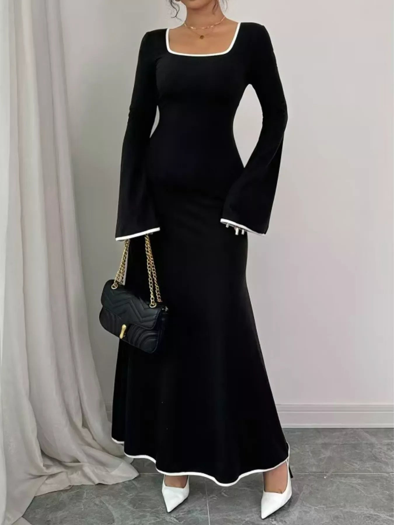 Square Neck Flare Sleeve Maxi Dress - Makw Official Site