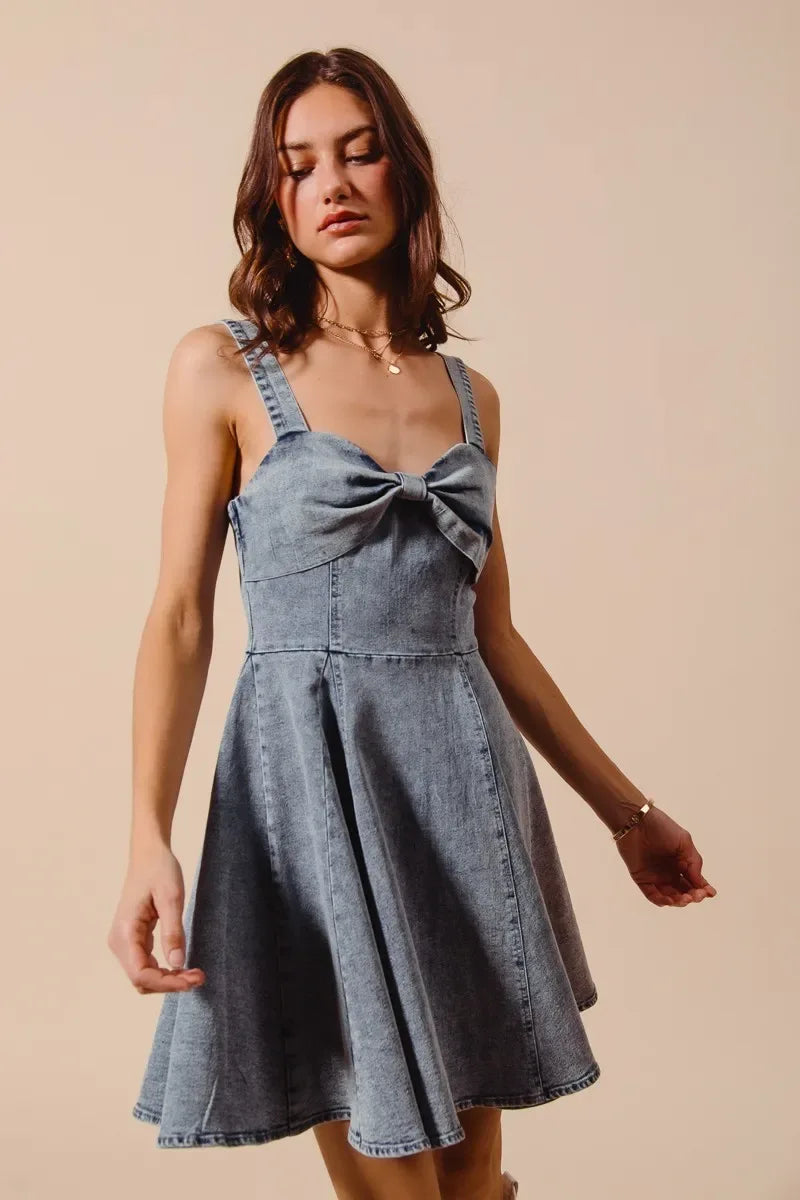 SO ME Mineral Washed Bow Ribbon Denim Flare Dress - Makw Official Site