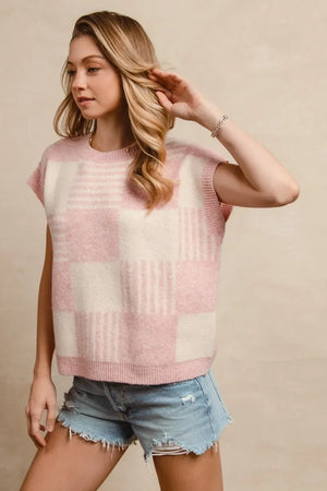 BiBi Checker With Stripes Pattern Sleeveless Sweater - Makw Official Site