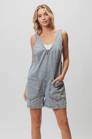 BiBi Patch Vintage Washed Denim Shortall - Makw Official Site