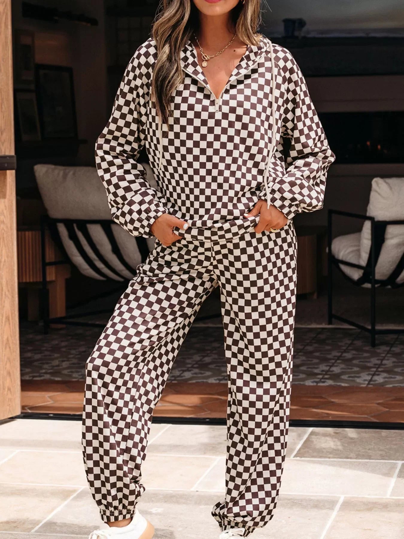 Checkered Drawstring Hoodie and Pants Set - Makw Official Site