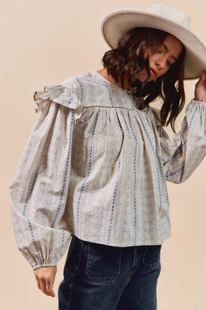 SO ME Floral Cotton Print Ruffled Long Sleeve Blouse - Makw Official Site