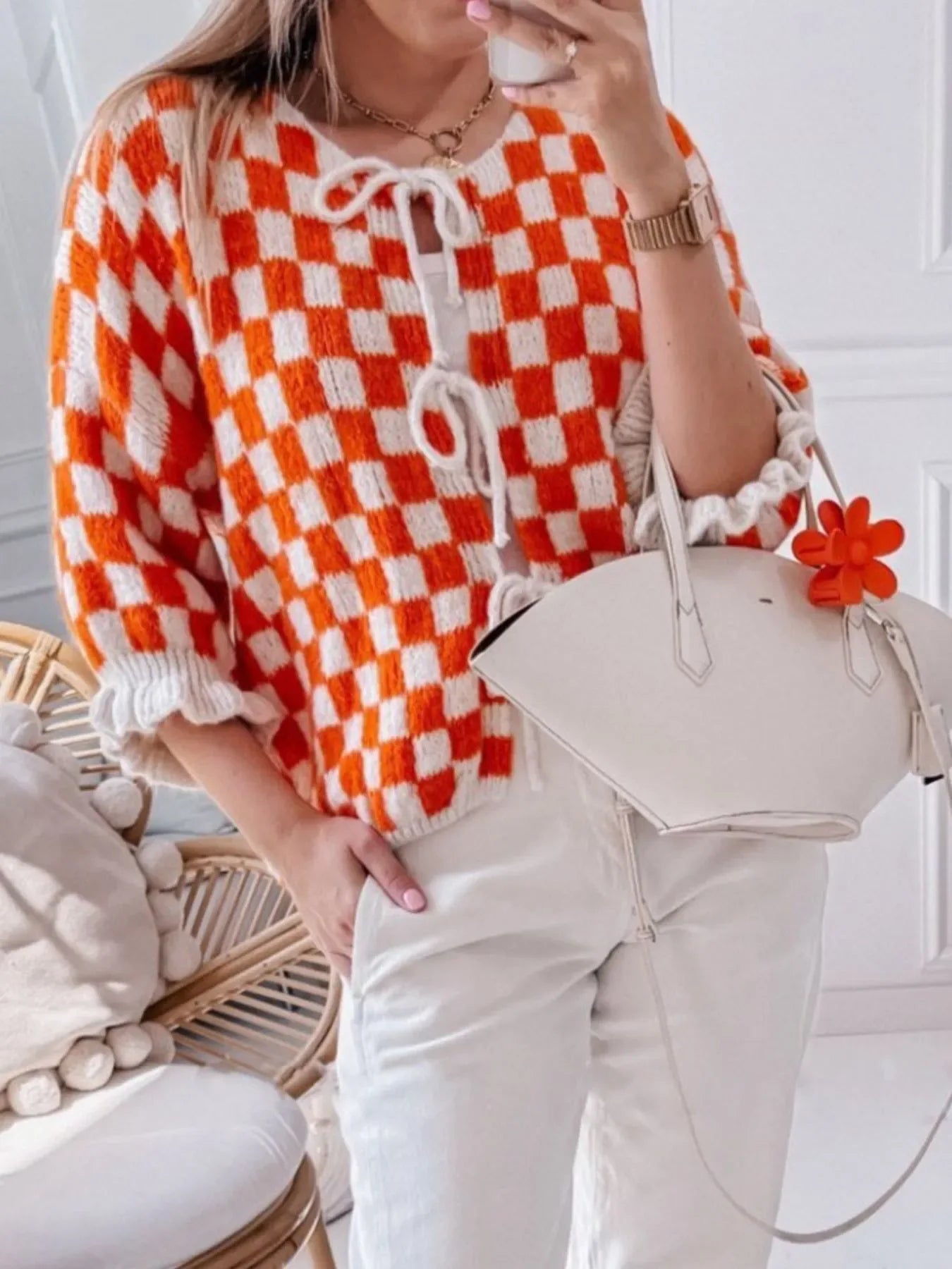 Checkered Tie-Front Knit Cardigan - Makw Official Site