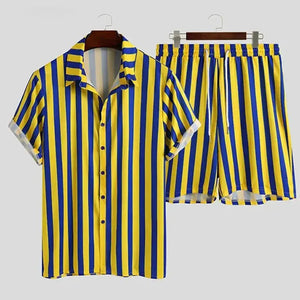 Men's Full Size Striped Button Up Shirt and Shorts Set Plus Size - Makw Official Site