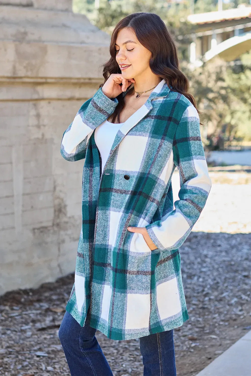 Double Take Full Size Plaid Button Up Lapel Collar Coat - Makw Official Site