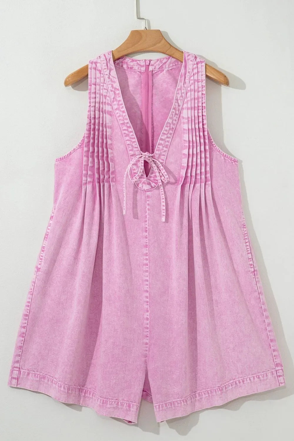 Mineral Wash Pleated Bust V Neck Sleeveless Denim Romper - Makw Official Site