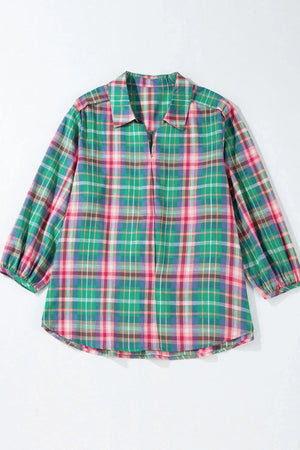 Plaid Collared Neck Three-Quarter Sleeve Shirt - Makw Official Site