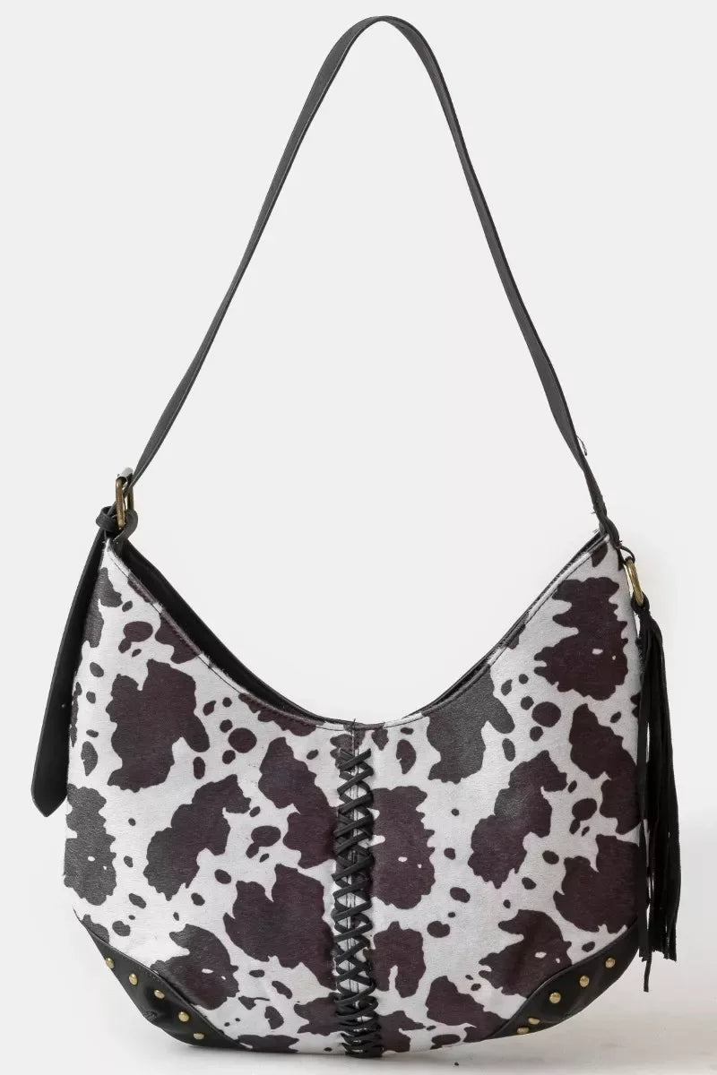 Fame Cow Print Hobo Shoulder Bag with Studded Details - Makw Official Site
