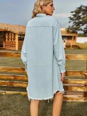 Button Up Collared Neck Raw Hem Denim Dress - Makw Official Site