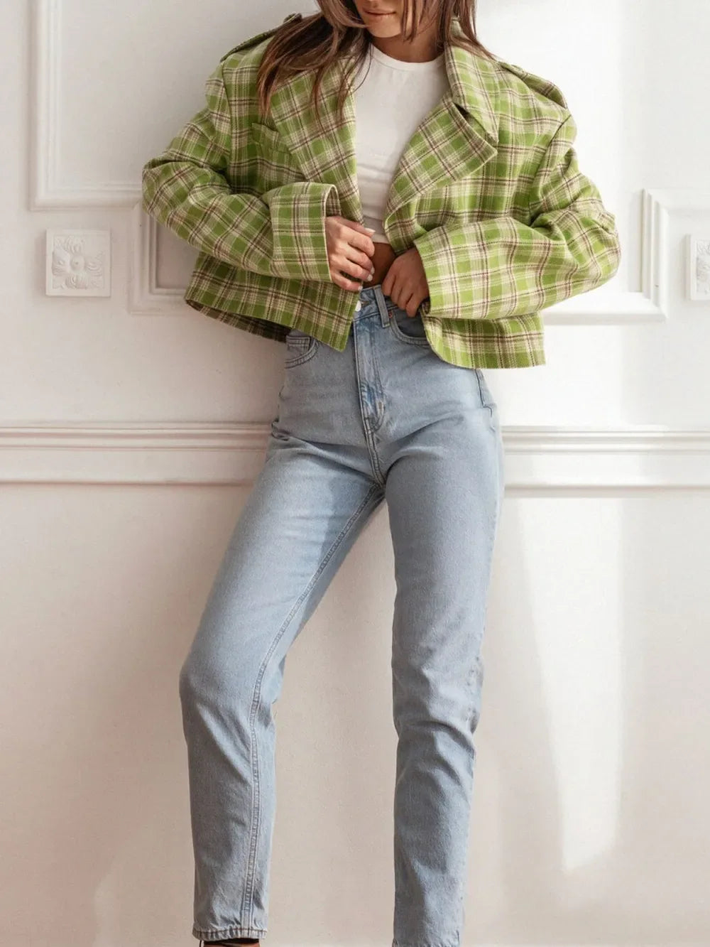 Lapel Collar Plaid Cropped Jacket - Makw Official Site