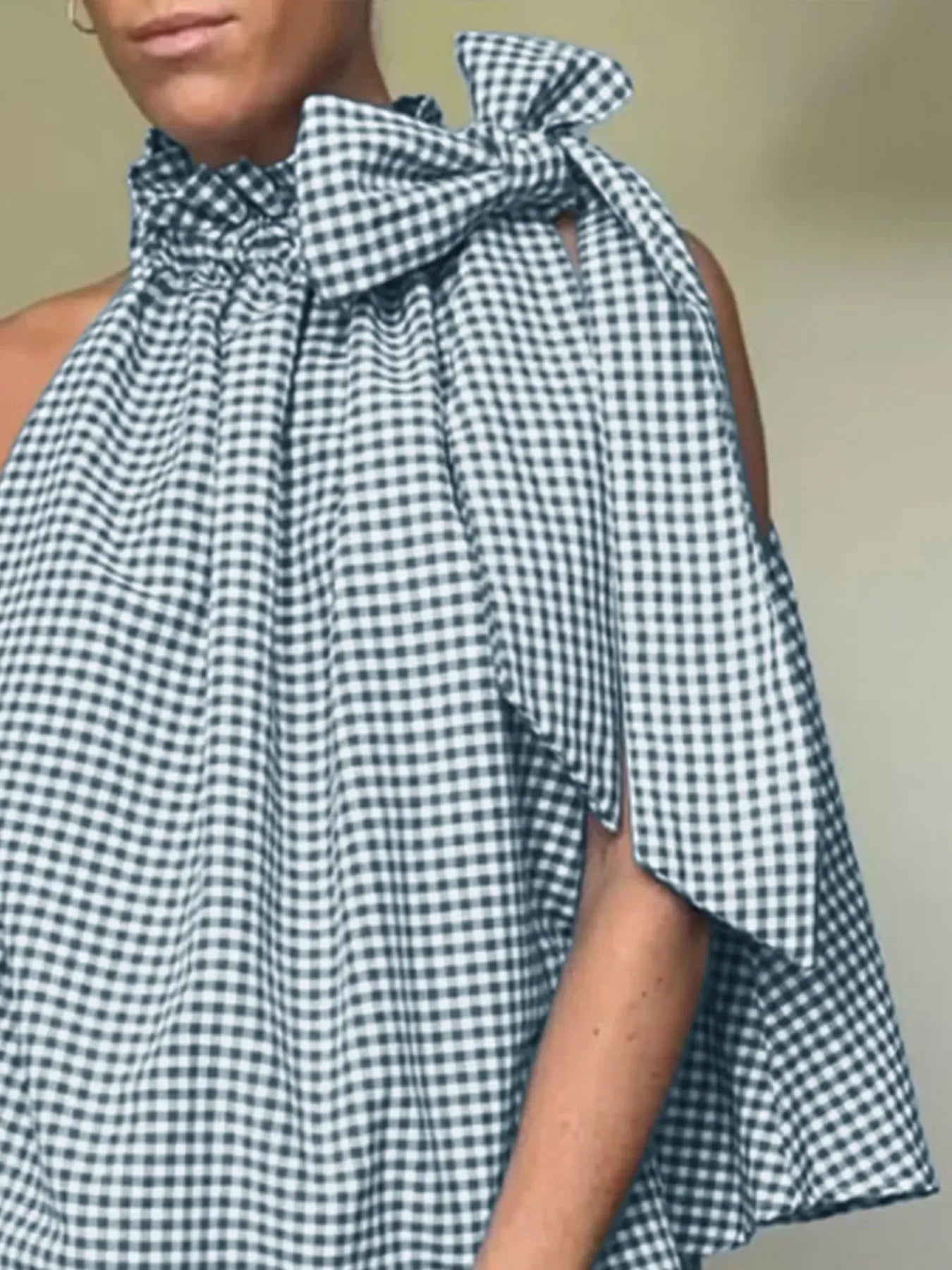 Asymmetric Gingham Bow Tie Sleeveless Top - Makw Official Site