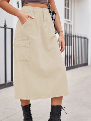 Slit Buttoned Denim Skirt with Pockets - Makw Official Site