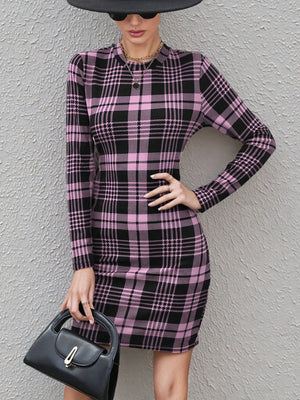 Long Sleeve Plaid Bodycon Mini Dress - Makw Official Site
