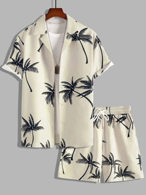 Men's Full Size Palm Print Button Up Shirt and Shorts Set Plus Size - Makw Official Site