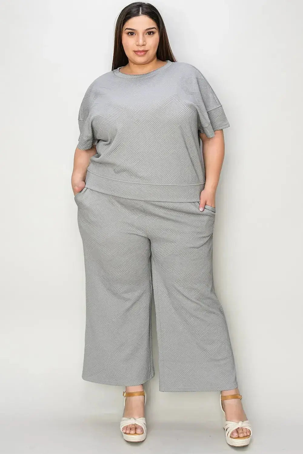 Double Take Full Size Texture Short Sleeve Top and Pants Set - Makw Official Site