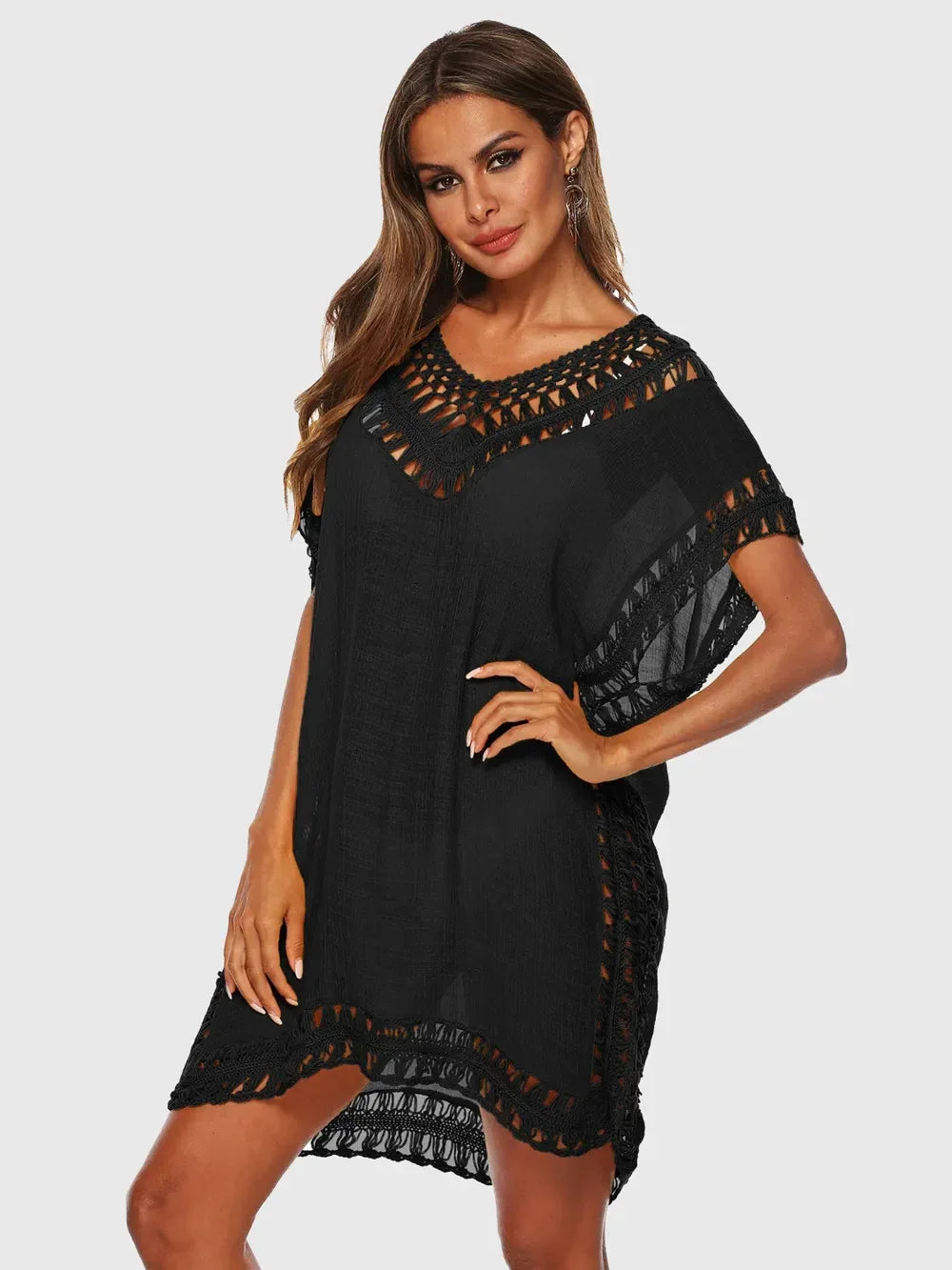Cutout V-Neck Short Sleeve Cover-Up - Makw Official Site