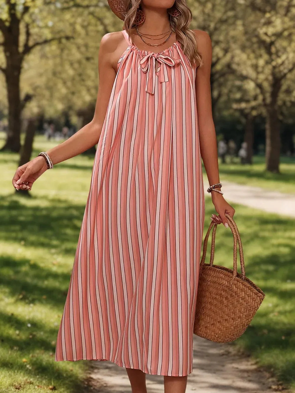Perfee Striped Tie Neck Midi Cami Dress - Makw Official Site