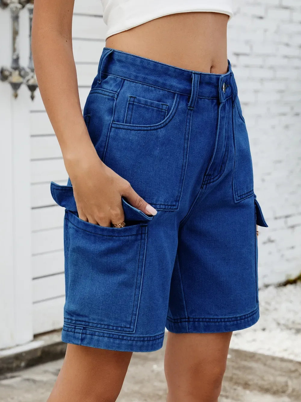 High Waist Denim Shorts with Cargo Pockets - Makw Official Site