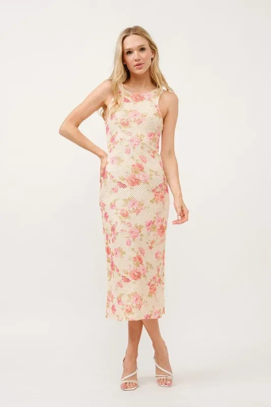 And The Why Floral Fishnet Bodycon Midi Dress - Makw Official Site