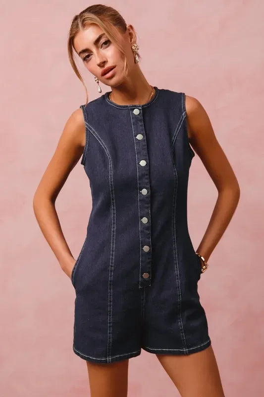 SO ME Button Up Front Washed Denim Sleeveless Romper - Makw Official Site