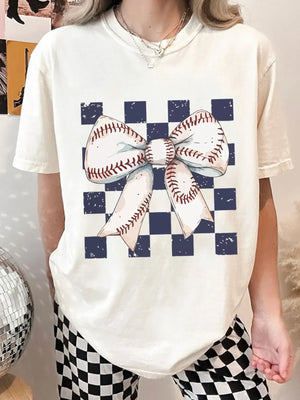 Checkered Bowknot Graphic Crew Neck T Shirt - Makw Official Site