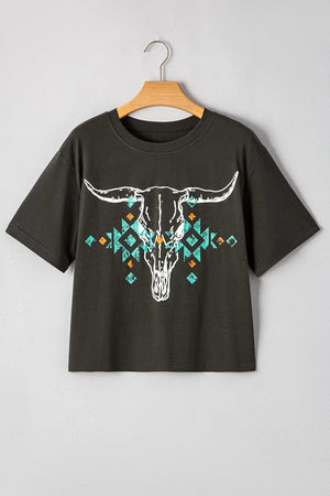 Bull Head Skull Round Neck Short Sleeve T Shirt - Makw Official Site
