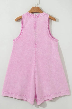 Mineral Wash Pleated Bust V Neck Sleeveless Denim Romper - Makw Official Site