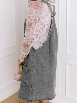 Wide Strap Button Down Denim Overall Dress - Makw Official Site