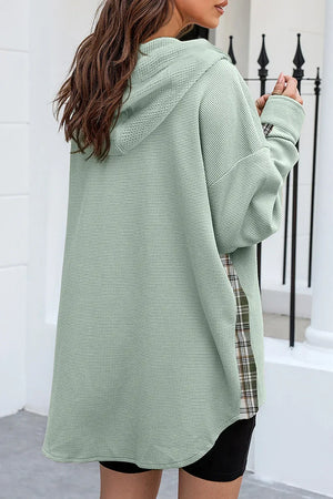Waffle Knit Plaid Patchwork Drawstring Hooded Shacket - Makw Official Site