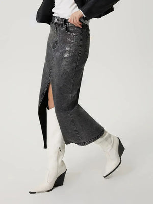 Slit Midi Denim Skirt with Pockets - Makw Official Site