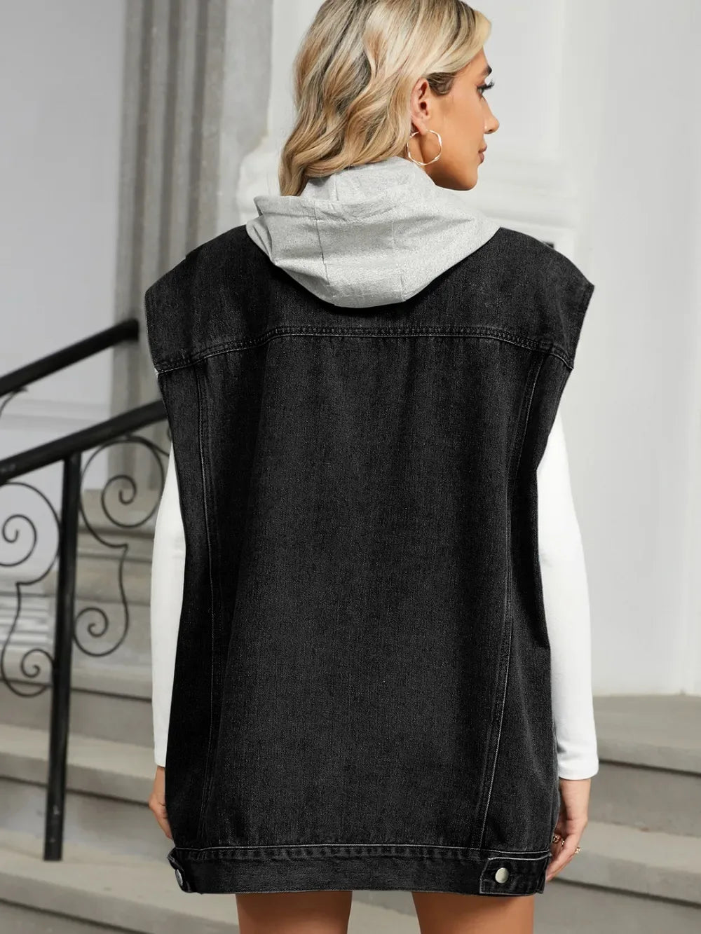 Removable Hood Button Up Cap Sleeve Denim Jacket - Makw Official Site