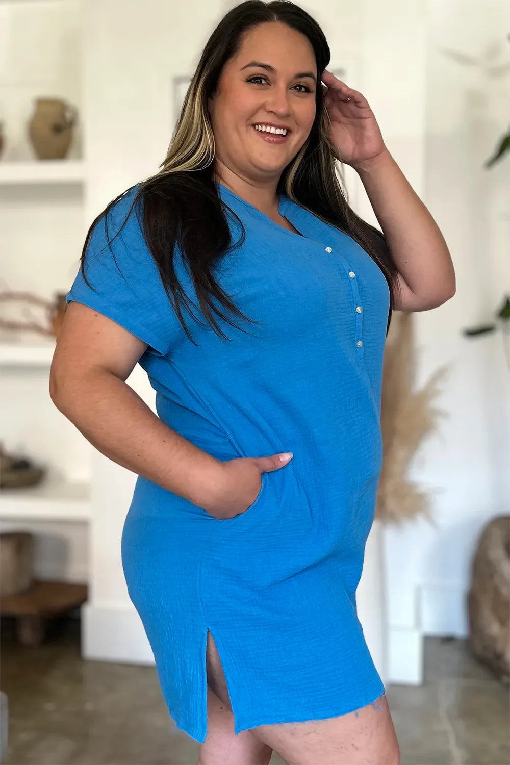 FAM-FAM Slit Notched Short Sleeve Mini Dress - Makw Official Site