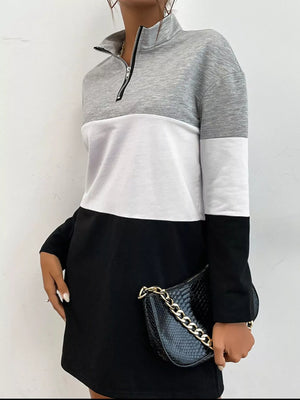 Color Block Zip Front Casual Dress - Makw Official Site