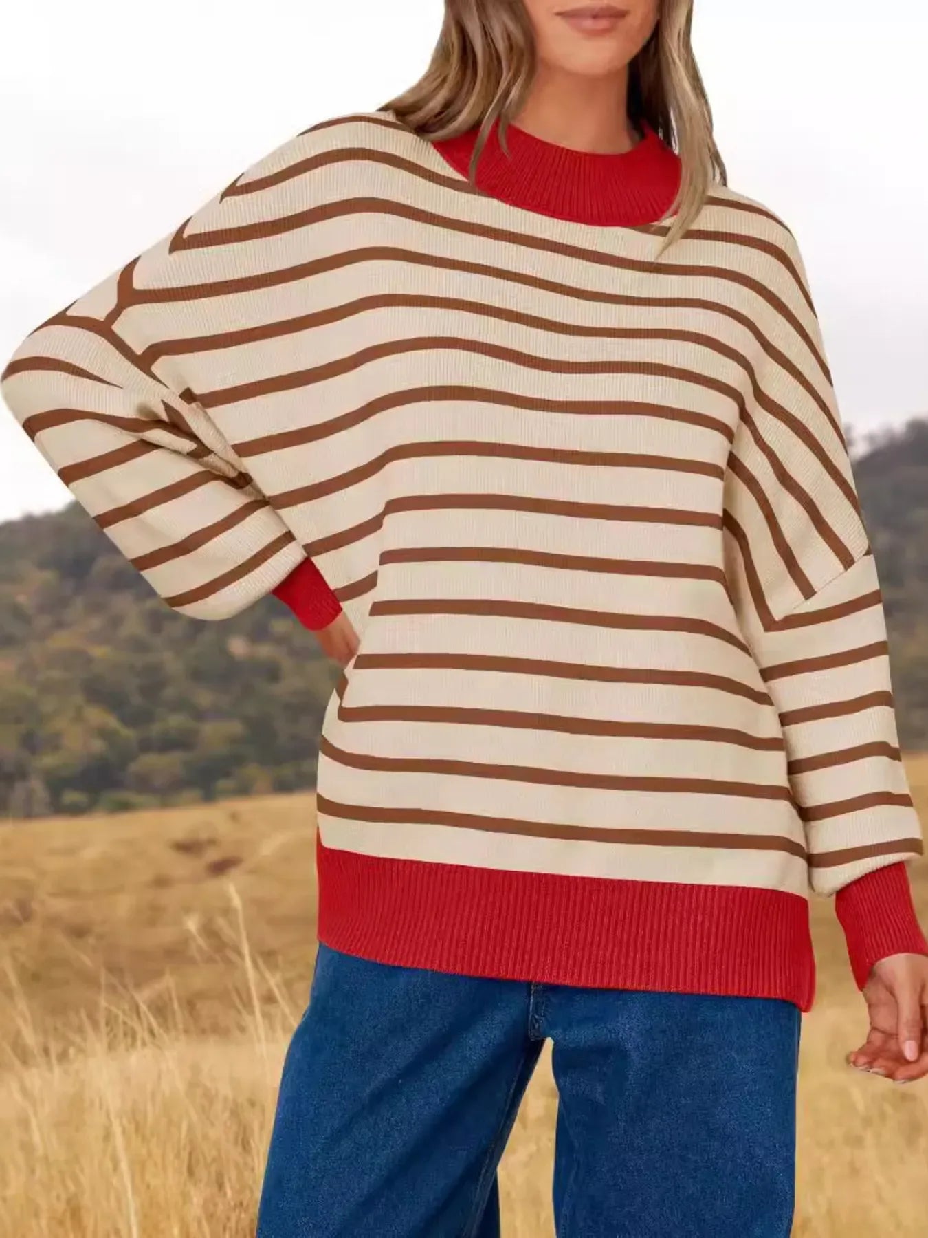 Striped Round Neck Long Sleeve Sweater - Makw Official Site