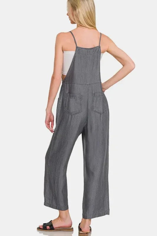 Zenana Washed Adjustable Strap Wide Leg Denim Overalls - Makw Official Site
