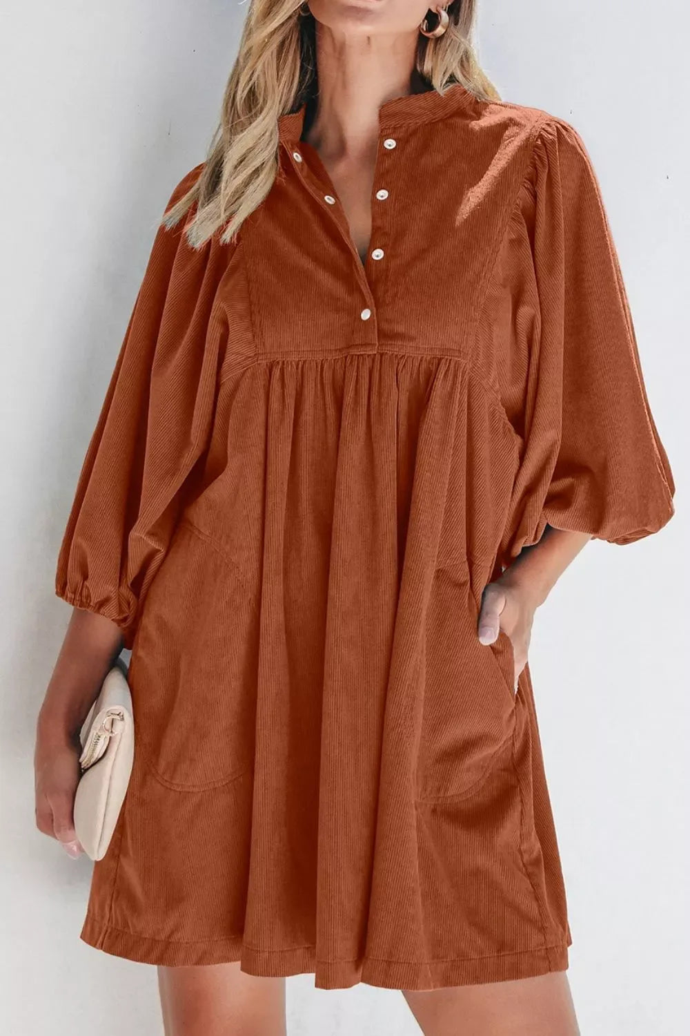 Corduroy Button-Down Babydoll Dress - Makw Official Site