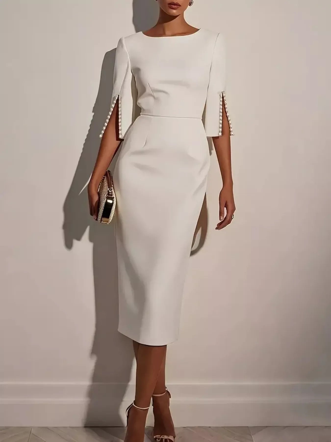 Slim-Fit Elegant Midi Dress with Beaded Slit Sleeve - Makw Official Site