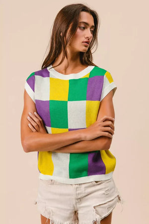 BiBi Mardi Gras Checker Pattern Sleeveless Sweater Top - Makw Official Site