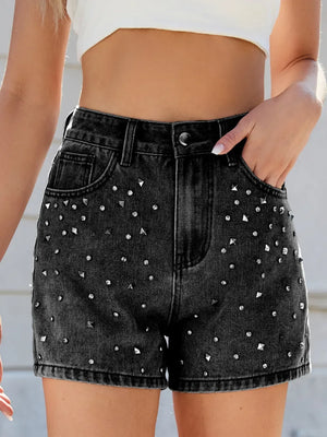 Rhinestone Washed High Waist Denim Shorts - Makw Official Site