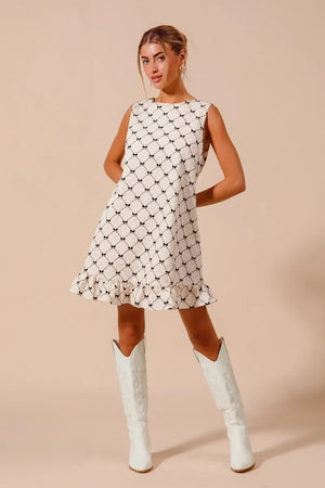 SO ME Texture Bow Printed Mini Ruffle Dress - Makw Official Site